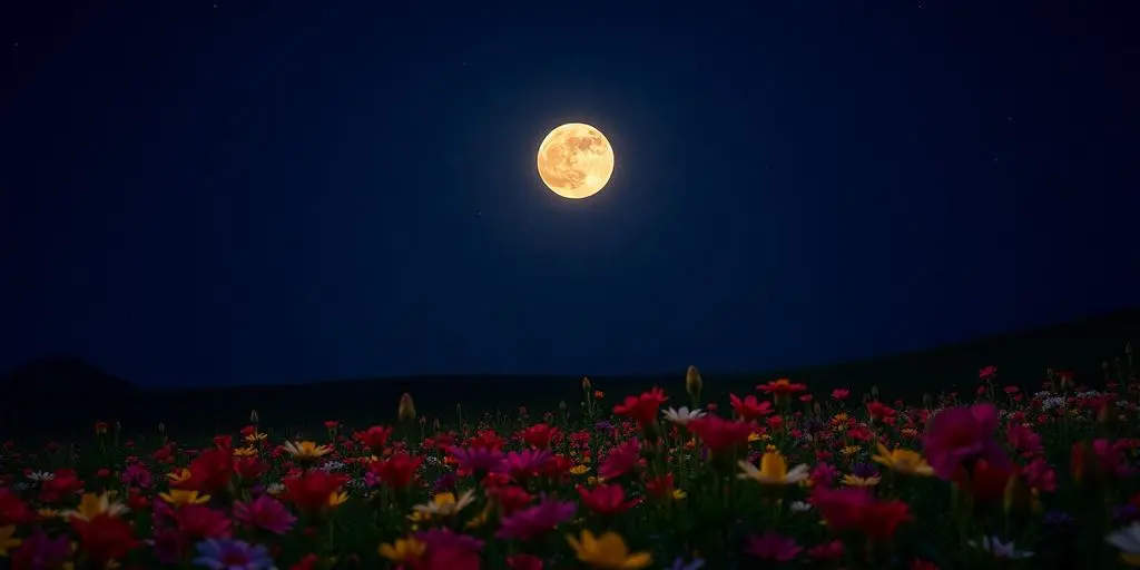 Lune pleine illuminant un champ de fleurs colorées.