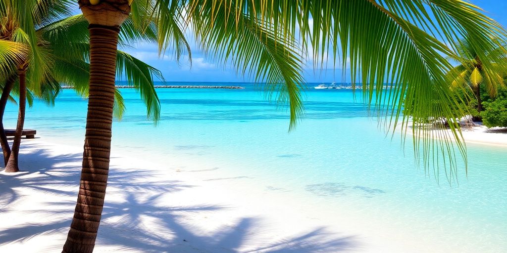Plage de Marie-Galante avec eau turquoise et palmiers.