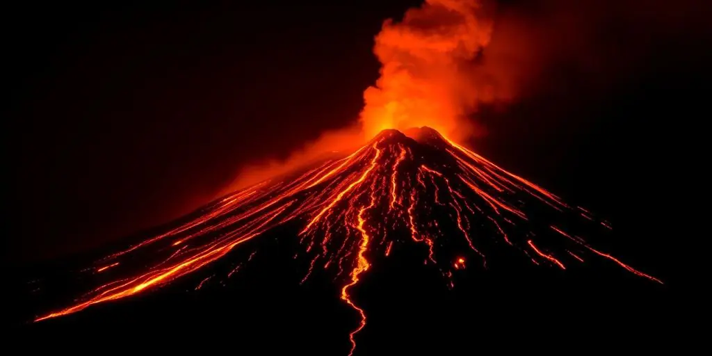 Éruption du volcan Etna avec des coulées de lave.