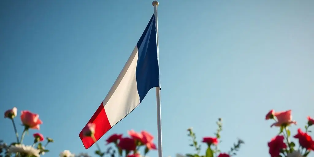 Drapeau français flottant avec des fleurs en arrière-plan.