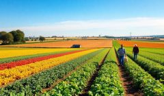 Paysage agricole avec des champs de cultures florissantes.