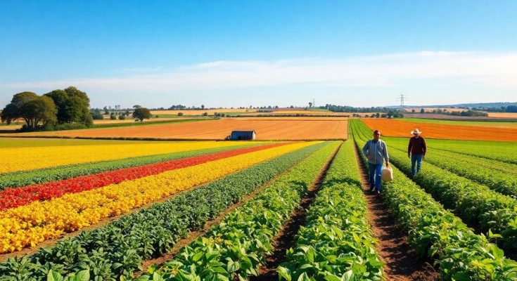 Paysage agricole avec des champs de cultures florissantes.