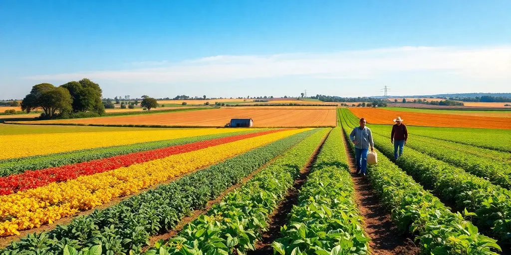 Paysage agricole avec des champs de cultures florissantes.