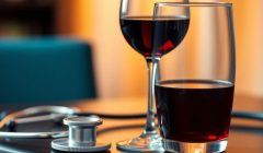 Verre de vin et stéthoscope sur une table.