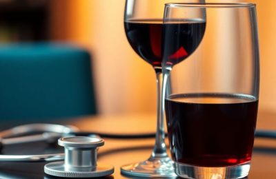 Verre de vin et stéthoscope sur une table.