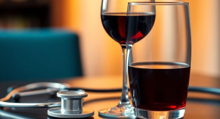Verre de vin et stéthoscope sur une table.