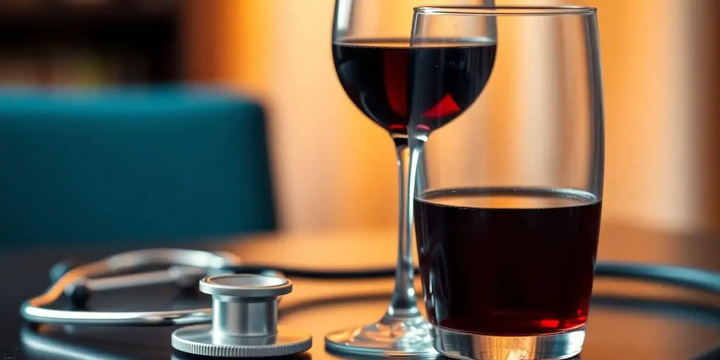 Verre de vin et stéthoscope sur une table.