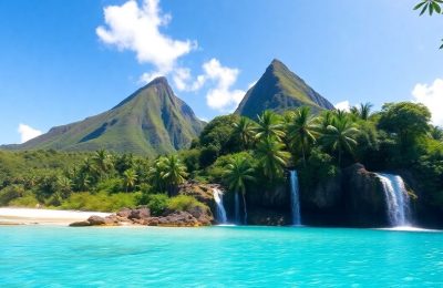 Paysage r eunionnais avec cascades et montagnes