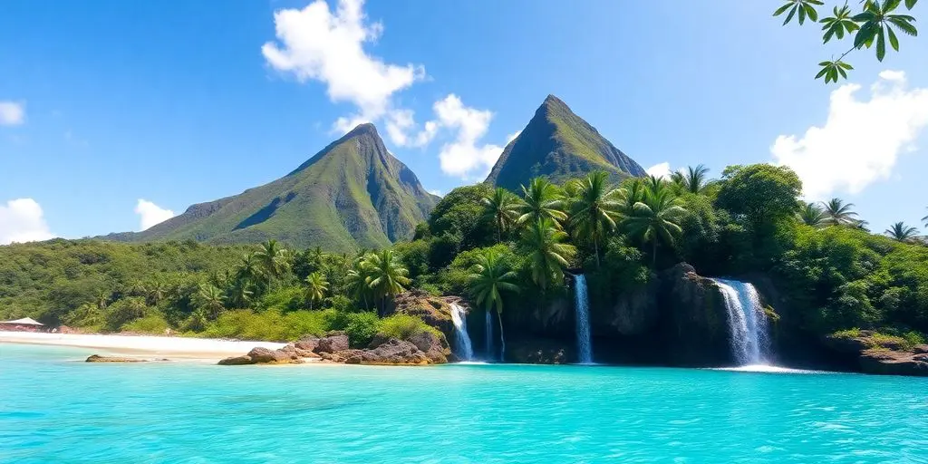 Paysage r eunionnais avec cascades et montagnes