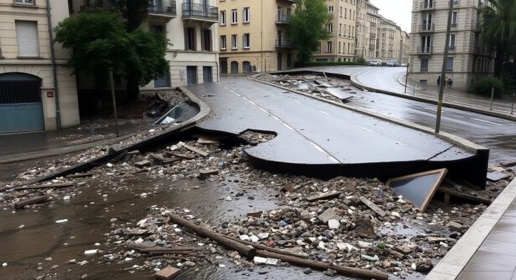 Effondrement de chaussée à Lyon après fortes pluies.