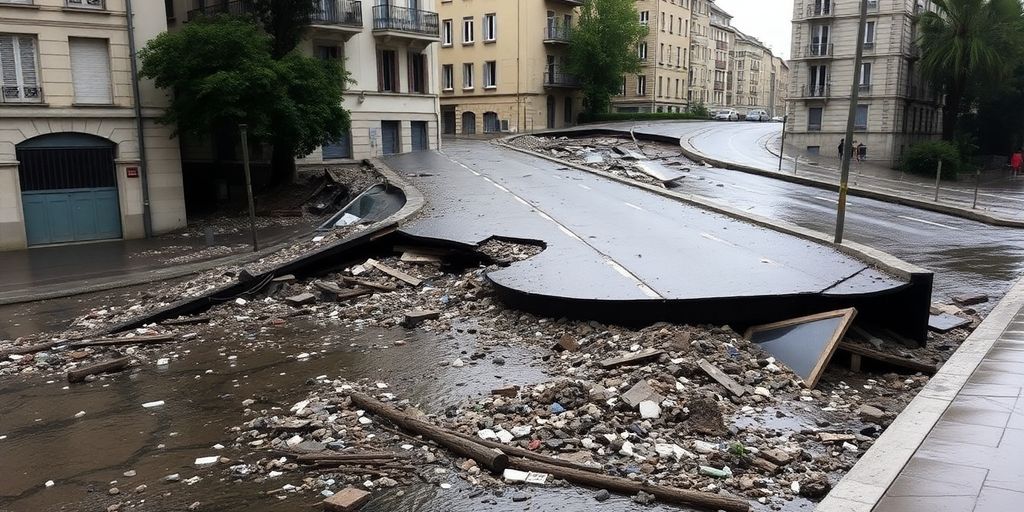 Effondrement de chaussée à Lyon après fortes pluies.