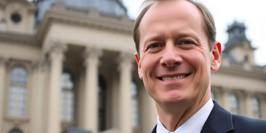 Friedrich Merz souriant au Bundestag, symbole de leadership.