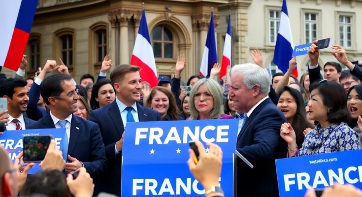 Scène de campagne électorale en France avec des candidats.