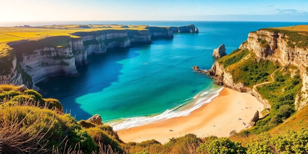 Vue côtière des Côtes d’Armor, plages et falaises.