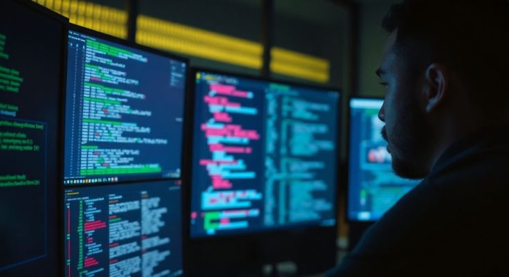 Professionnel de cybersécurité surveillant des écrans d'alerte.