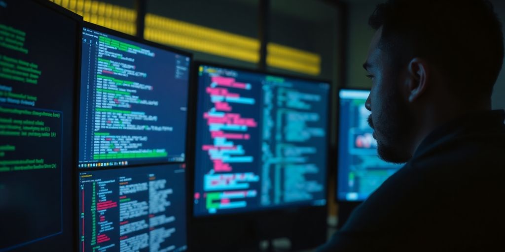 Professionnel de cybersécurité surveillant des écrans d'alerte.