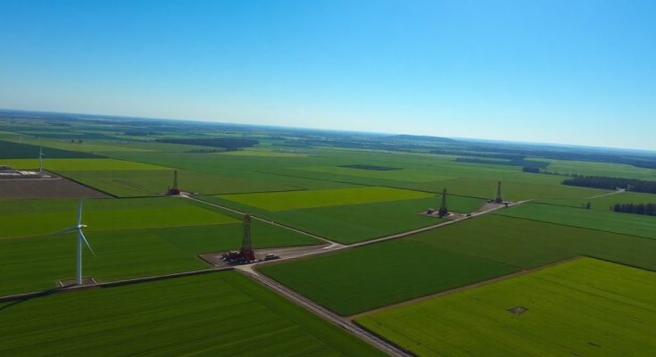 Vue aérienne de champs ukrainiens avec des éoliennes.
