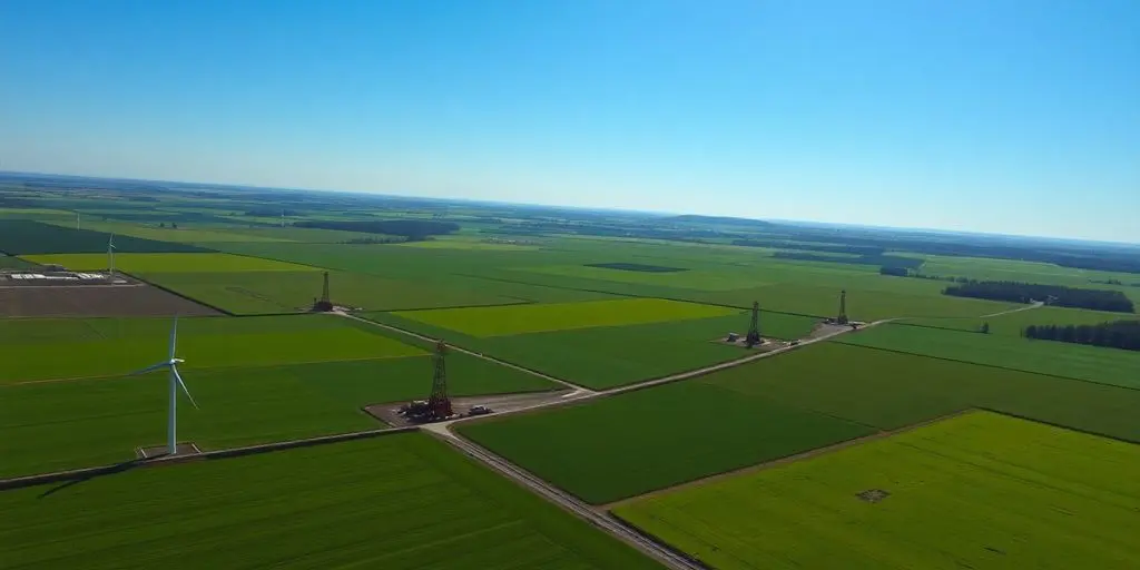 Vue aérienne de champs ukrainiens avec des éoliennes.
