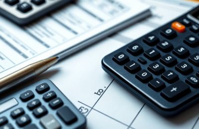 Calculatrice et documents financiers sur un bureau.