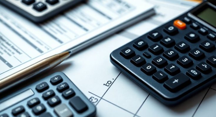 Calculatrice et documents financiers sur un bureau.