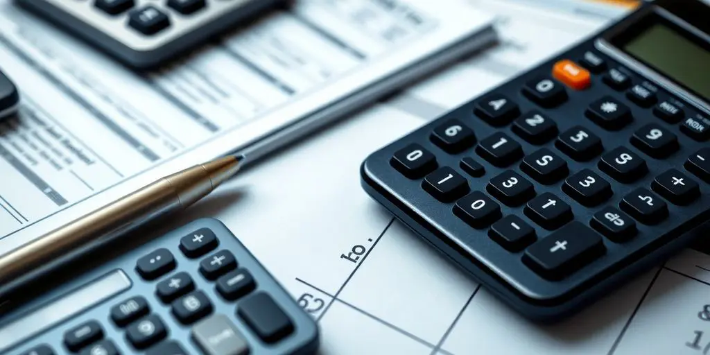 Calculatrice et documents financiers sur un bureau.