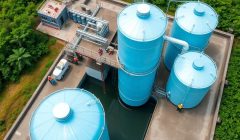 Usine Nestlé avec équipements de production d'eau en bouteille.