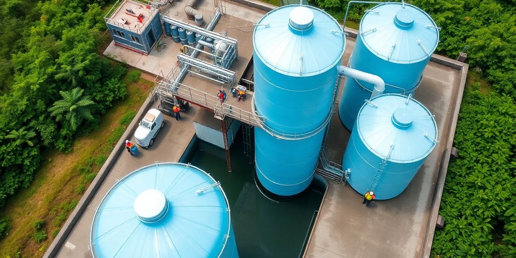 Usine Nestlé avec équipements de production d'eau en bouteille.
