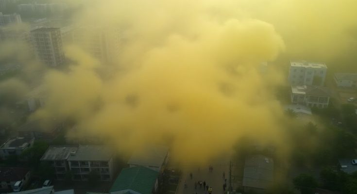 Nuage toxique de chlore sur une ville évacuée.