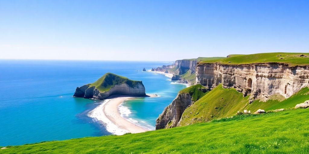 Côte de la Manche avec falaises et plage pittoresque.