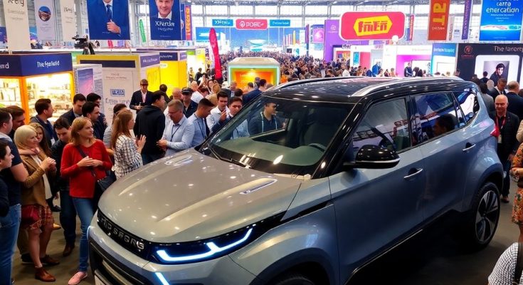 Visiteurs découvrent une voiture électrique XPeng à la foire.