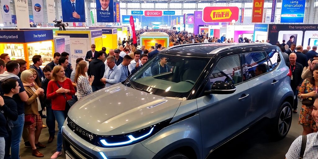 Visiteurs découvrent une voiture électrique XPeng à la foire.