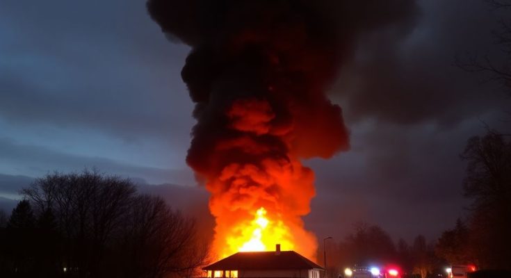 Un incendie avec un grand panache de fumée noire.