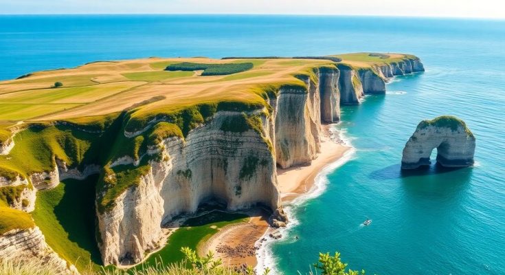 Côte spectaculaire de Seine-Maritime avec falaises et océan.