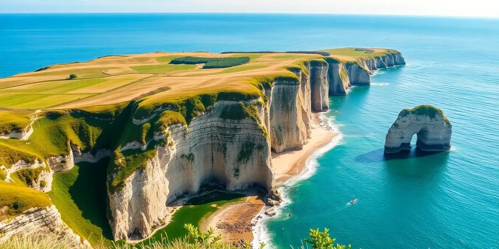 Côte spectaculaire de Seine-Maritime avec falaises et océan.