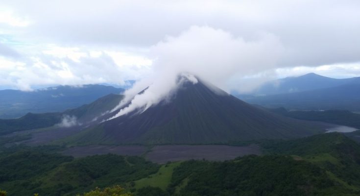 Volcan Poás en éruption, paysage verdoyant autour.