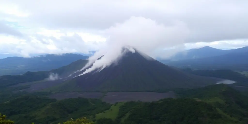 Volcan Poás en éruption, paysage verdoyant autour.