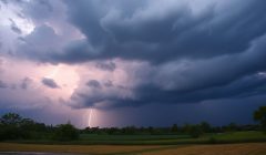 Ciel orageux avec éclairs et pluie forte sur paysage.