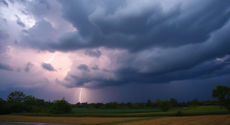 Ciel orageux avec éclairs et pluie forte sur paysage.
