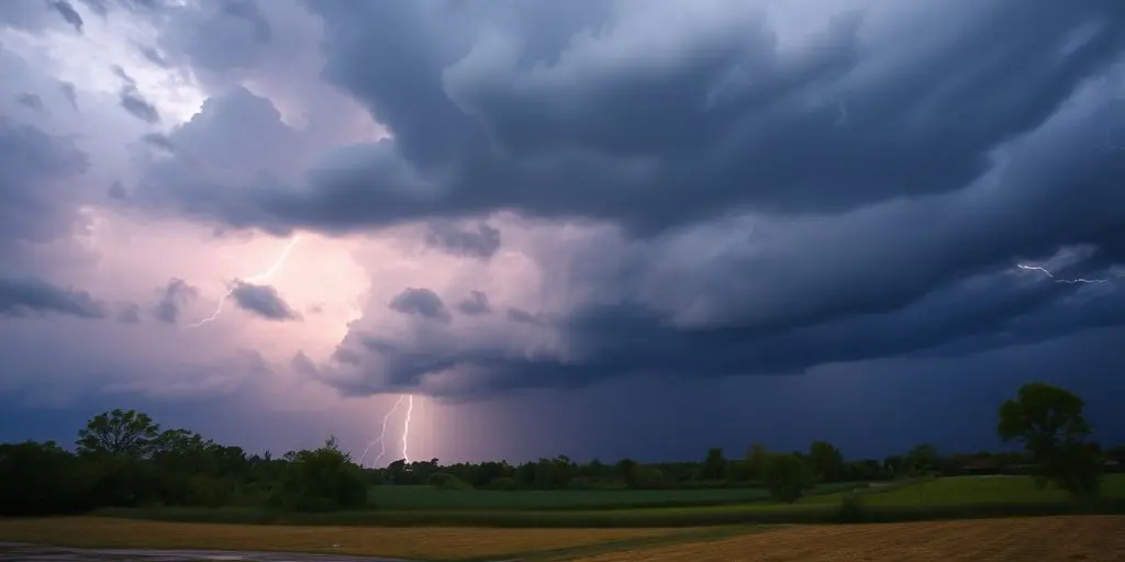Ciel orageux avec éclairs et pluie forte sur paysage.