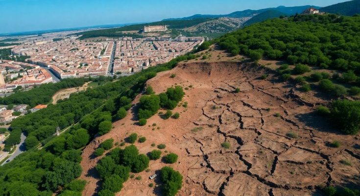 Vue d'Avignon avec des fissures dans le sol.