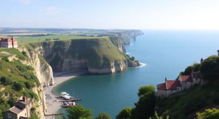 Paysage du Pas-de-Calais avec falaises et architecture historique.