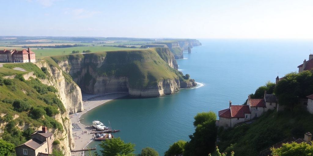 Paysage du Pas-de-Calais avec falaises et architecture historique.
