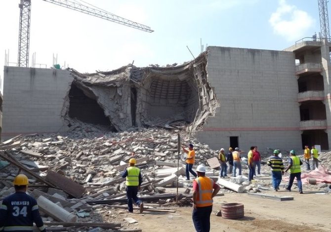 Site de construction avec un mur effondré et des débris.
