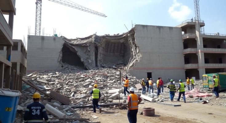 Site de construction avec un mur effondré et des débris.