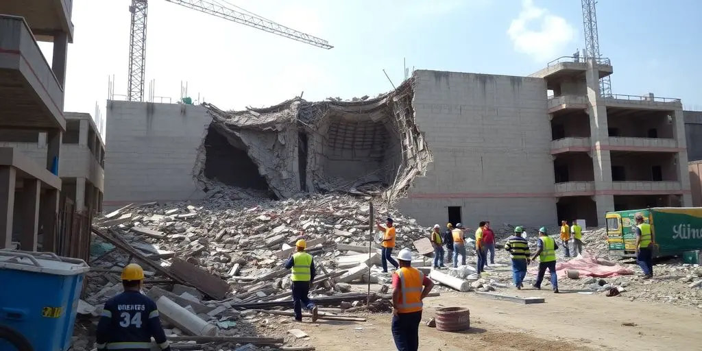 Site de construction avec un mur effondré et des débris.