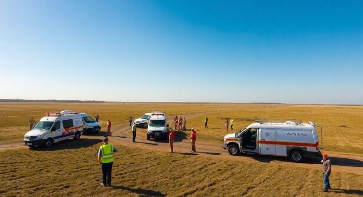 Équipes d'urgence en exercice dans un paysage rural.