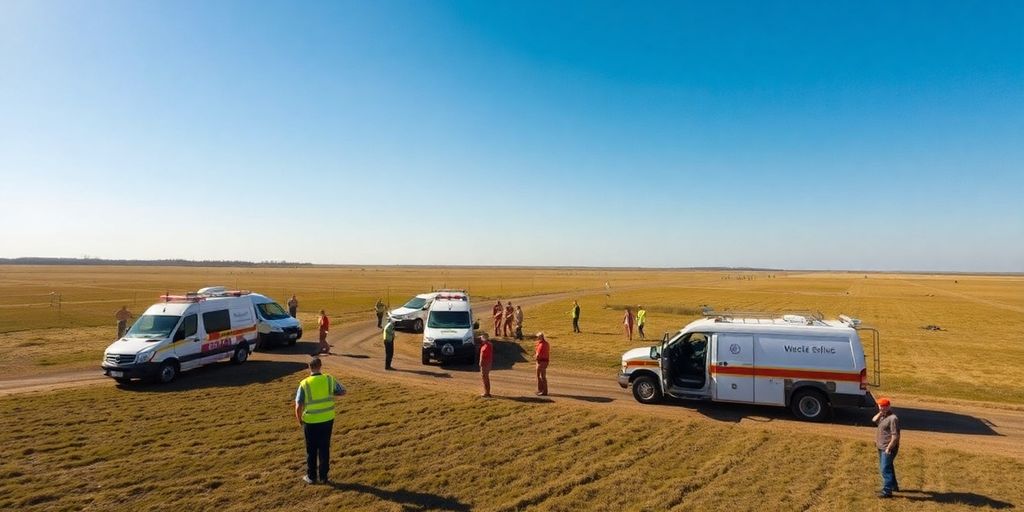 Équipes d'urgence en exercice dans un paysage rural.