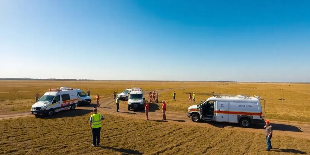 Équipes d'urgence en exercice dans un paysage rural.