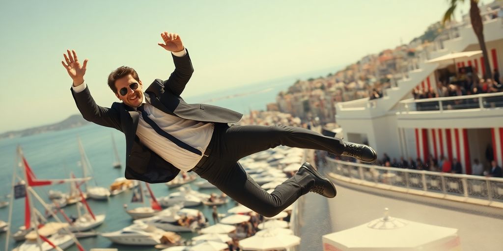 Scène d'action intense de 'Mission Impossible' à Cannes.