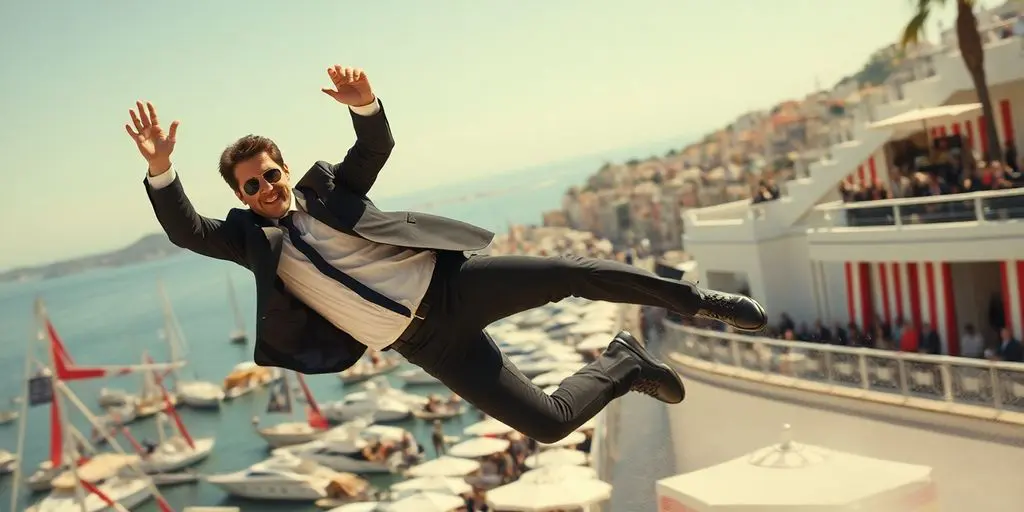 Scène d'action intense de 'Mission Impossible' à Cannes.
